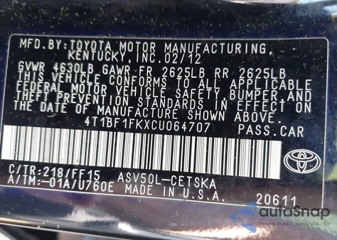 2012 Toyota Camry Se из США, поврежденный, VIN 4T1BF1FKXCU064707